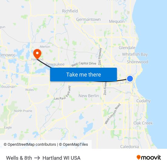 Wells & 8th to Hartland WI USA map