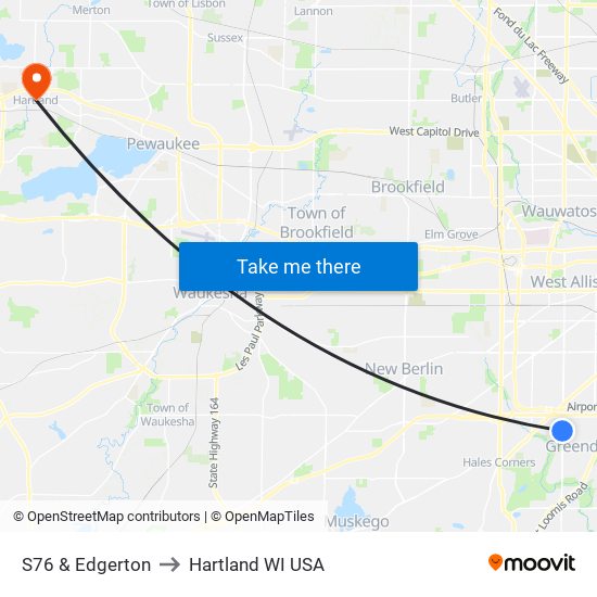 S76 & Edgerton to Hartland WI USA map