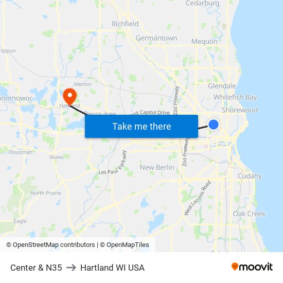 Center & N35 to Hartland WI USA map