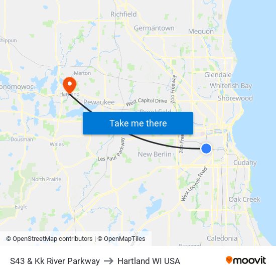 S43 & Kk River Parkway to Hartland WI USA map