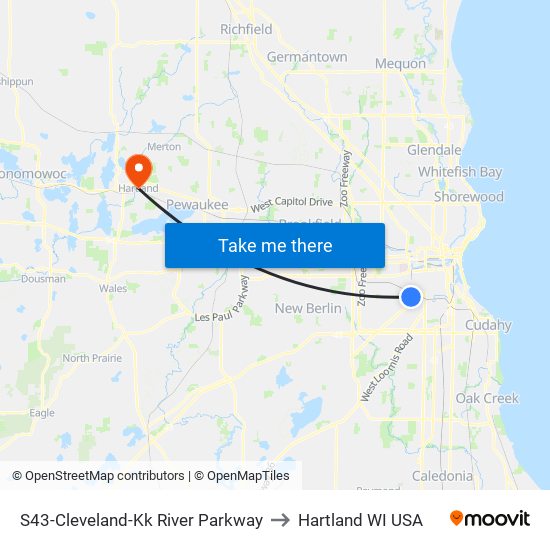 S43-Cleveland-Kk River Parkway to Hartland WI USA map