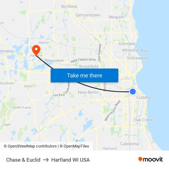 Chase & Euclid to Hartland WI USA map