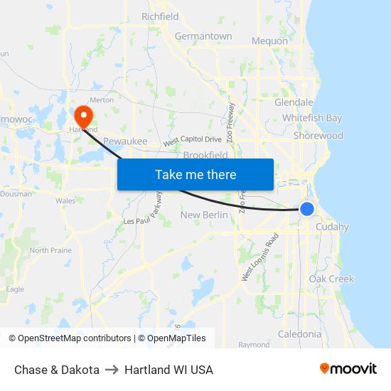 Chase & Dakota to Hartland WI USA map
