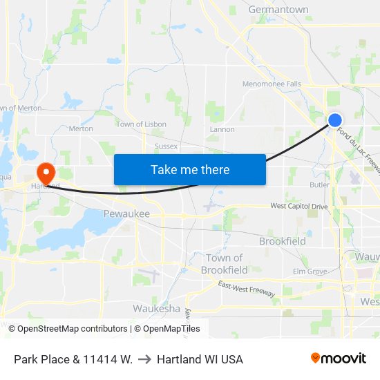 Park Place & 11414 W. to Hartland WI USA map