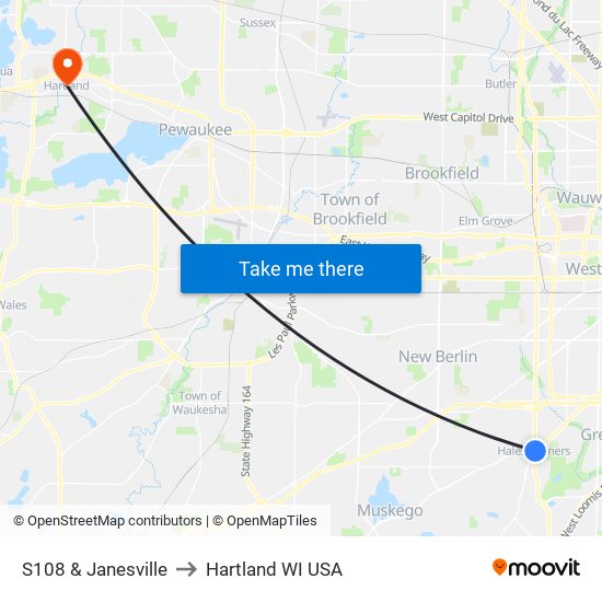 S108 & Janesville to Hartland WI USA map