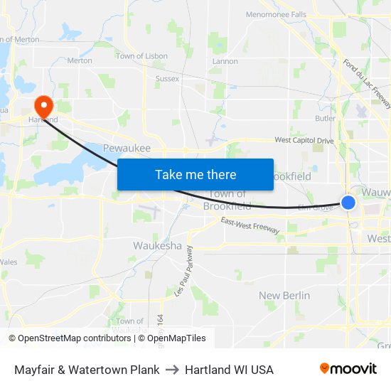 Mayfair & Watertown Plank to Hartland WI USA map