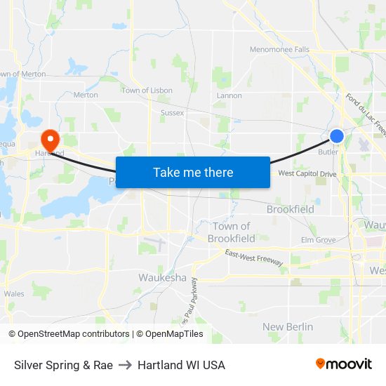 Silver Spring & Rae to Hartland WI USA map