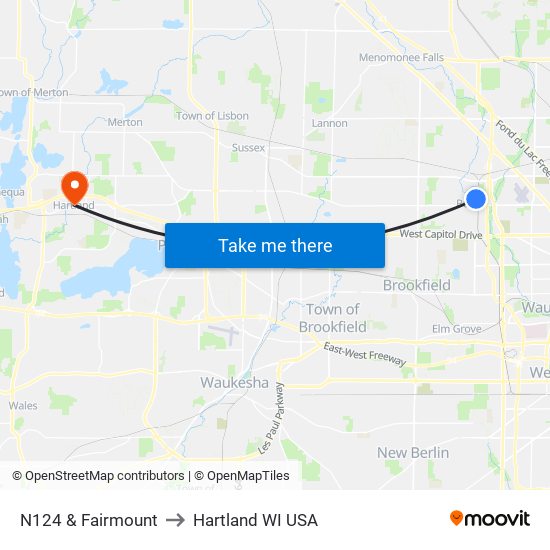 N124 & Fairmount to Hartland WI USA map