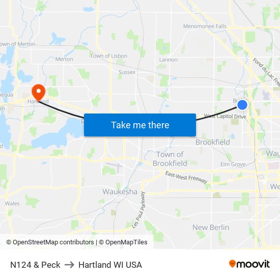 N124 & Peck to Hartland WI USA map