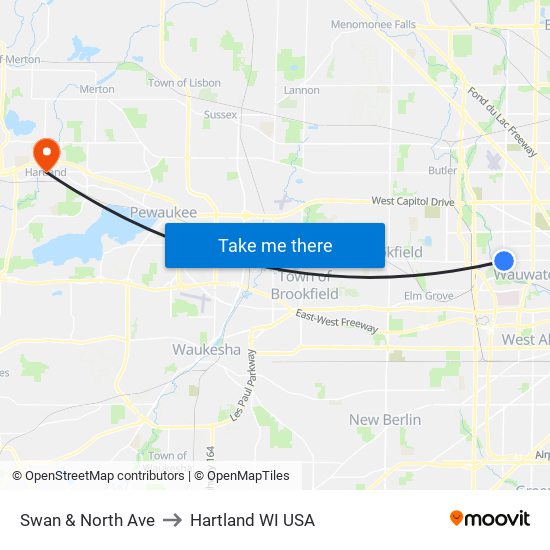 Swan & North Ave to Hartland WI USA map