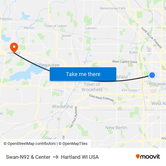 Swan-N92 & Center to Hartland WI USA map