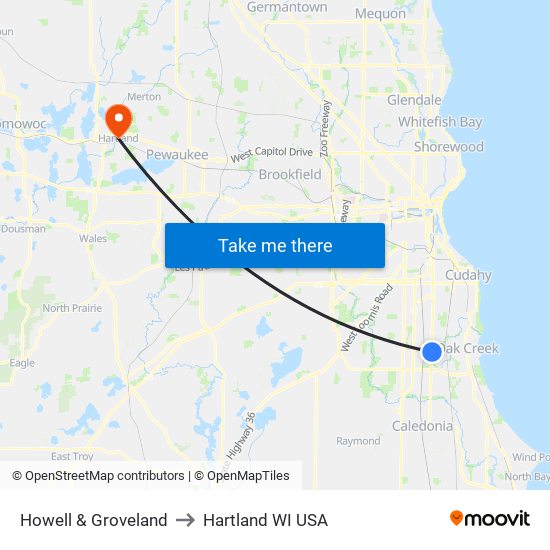 Howell & Groveland to Hartland WI USA map