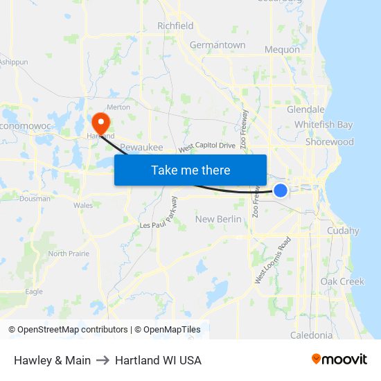 Hawley & Main to Hartland WI USA map
