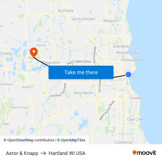 Astor & Knapp to Hartland WI USA map