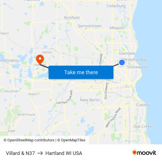 Villard & N37 to Hartland WI USA map