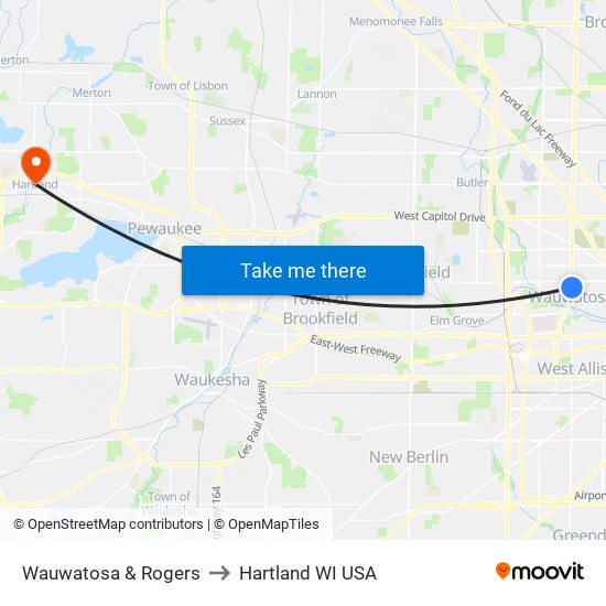 Wauwatosa & Rogers to Hartland WI USA map