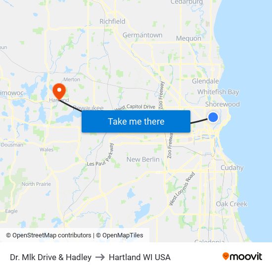 Dr. Mlk Drive & Hadley to Hartland WI USA map