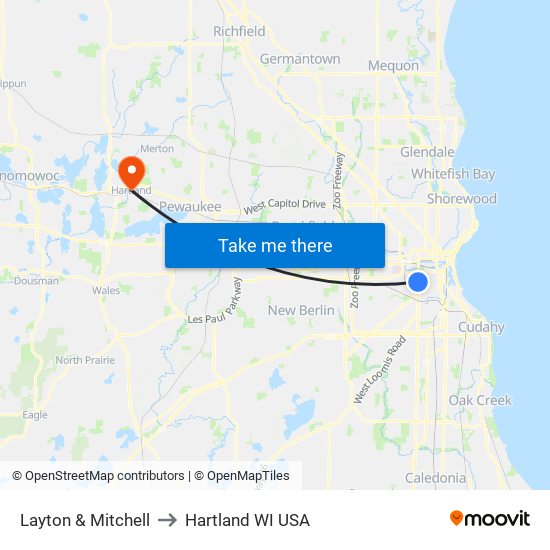 Layton & Mitchell to Hartland WI USA map