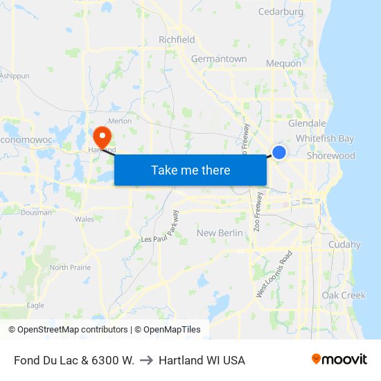 Fond Du Lac & 6300 W. to Hartland WI USA map