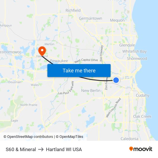 S60 & Mineral to Hartland WI USA map
