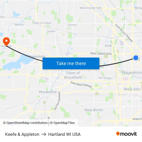 Keefe & Appleton to Hartland WI USA map