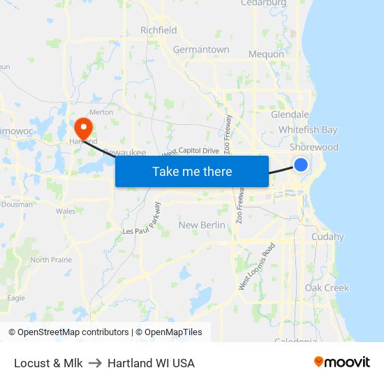 Locust & Mlk to Hartland WI USA map