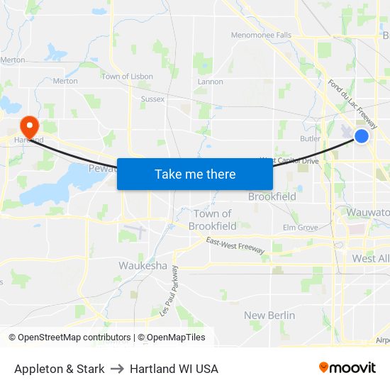 Appleton & Stark to Hartland WI USA map