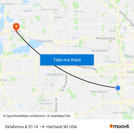 Oklahoma & S114 to Hartland WI USA map