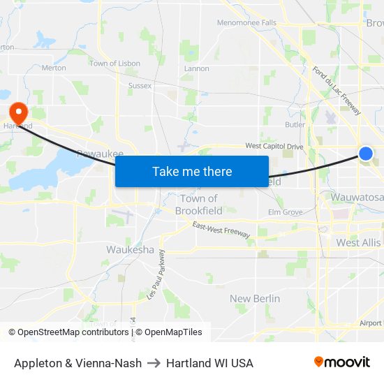 Appleton & Vienna-Nash to Hartland WI USA map