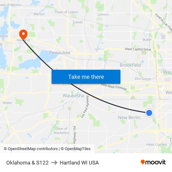 Oklahoma & S122 to Hartland WI USA map