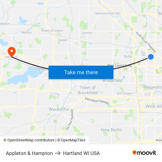 Appleton & Hampton to Hartland WI USA map