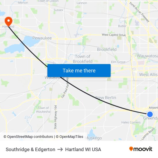 Southridge & Edgerton to Hartland WI USA map