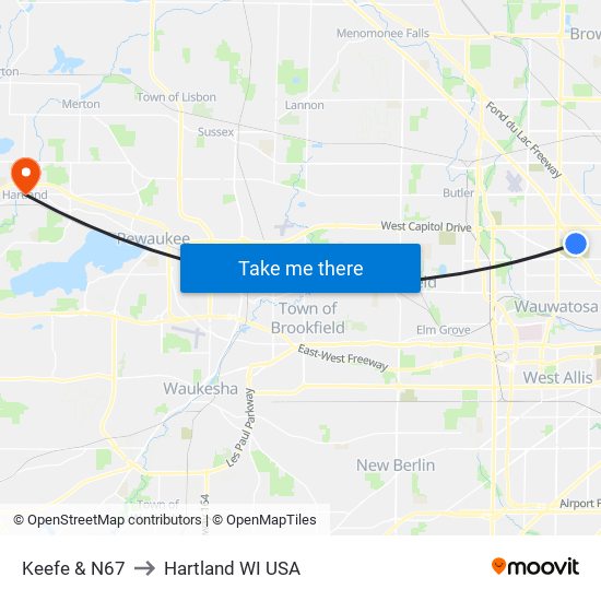 Keefe & N67 to Hartland WI USA map