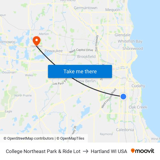 College Northeast Park & Ride Lot to Hartland WI USA map