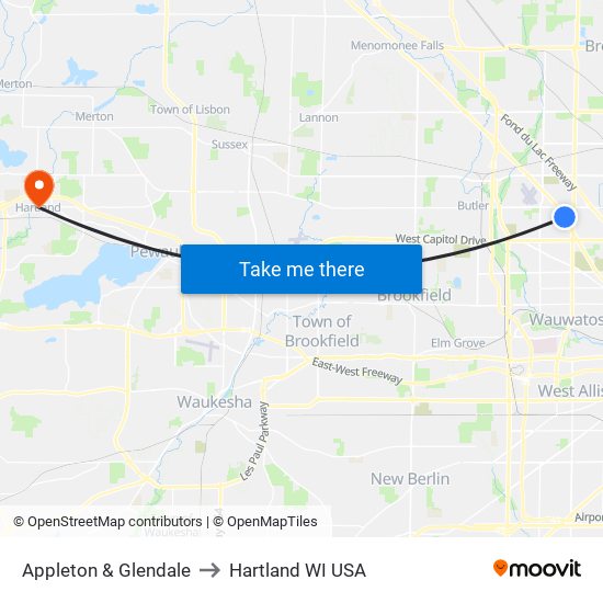 Appleton & Glendale to Hartland WI USA map