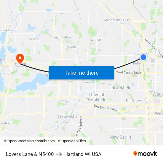 Lovers Lane & N5400 to Hartland WI USA map