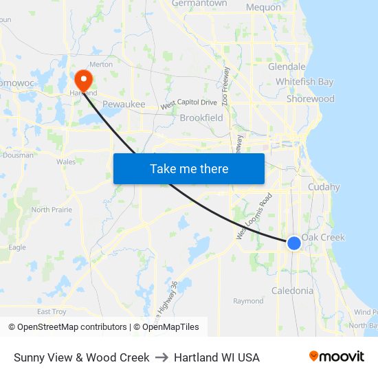 Sunny View & Wood Creek to Hartland WI USA map