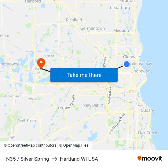 N35 / Silver Spring to Hartland WI USA map