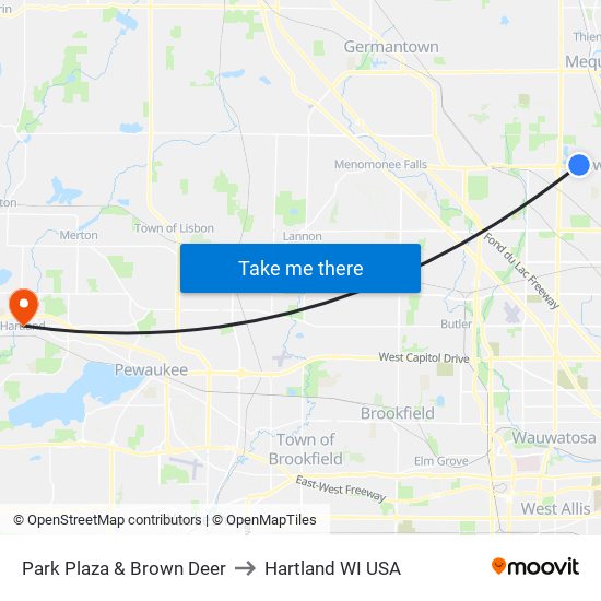 Park Plaza & Brown Deer to Hartland WI USA map