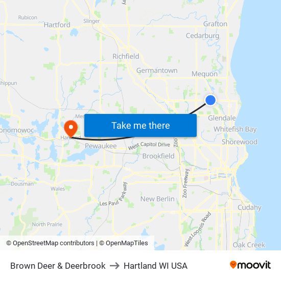 Brown Deer & Deerbrook to Hartland WI USA map