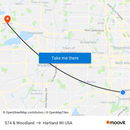 S74 & Woodland to Hartland WI USA map