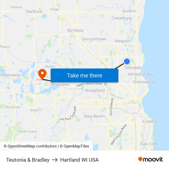 Teutonia & Bradley to Hartland WI USA map