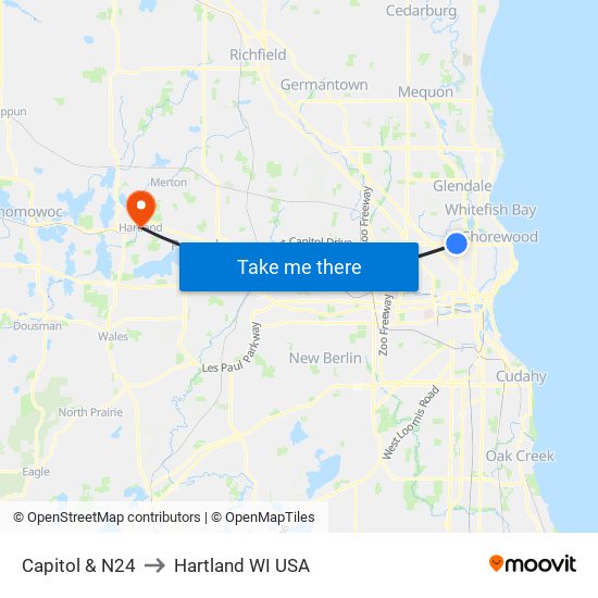 Capitol & N24 to Hartland WI USA map
