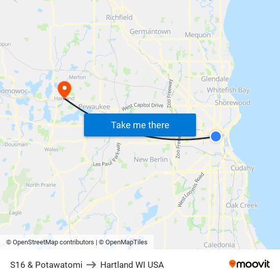 S16 & Potawatomi to Hartland WI USA map