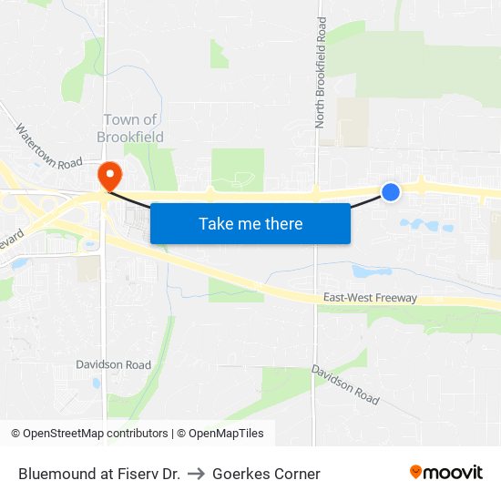 Bluemound at Fiserv Dr. to Goerkes Corner map