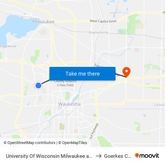 University Of Wisconsin Milwaukee at Waukesha to Goerkes Corner map