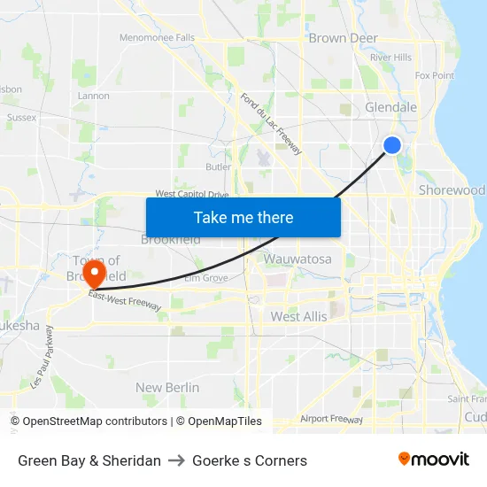 Green Bay & Sheridan to Goerke s Corners map