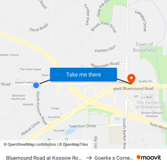 Bluemound Road at Kossow Road to Goerke s Corners map