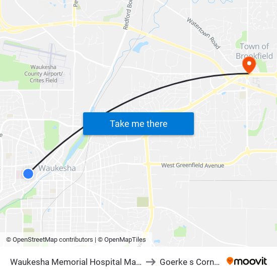 Waukesha Memorial Hospital Main E to Goerke s Corners map
