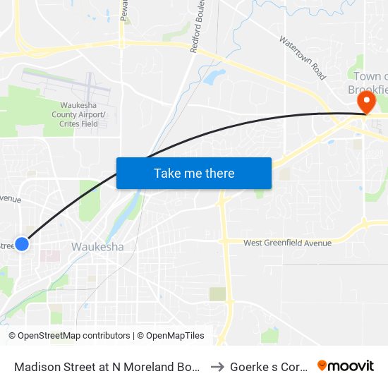 Madison Street at N Moreland Boulevard to Goerke s Corners map